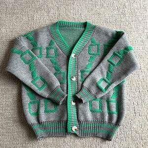 Gray and Green Geometric Cardigan